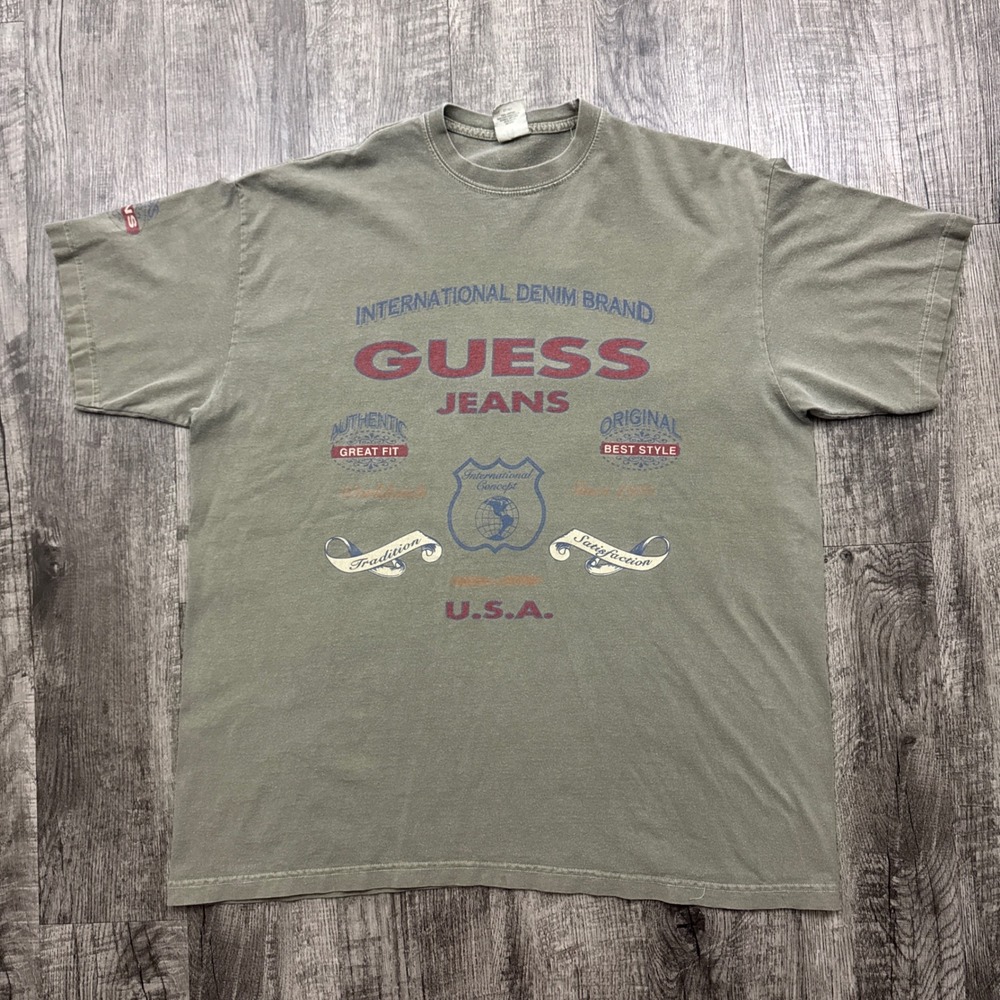 Vintage 90s Guess Jeans Tee Faded Green Graphic T-Shirt USA XL